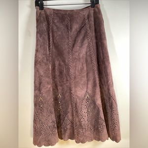 Margaret Godfrey brown suede midi skirt laser cut and brass stud accents size 4
